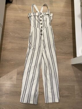 le chateau Cream and Black Striped Button-Front Wide-Leg Jumpsuit